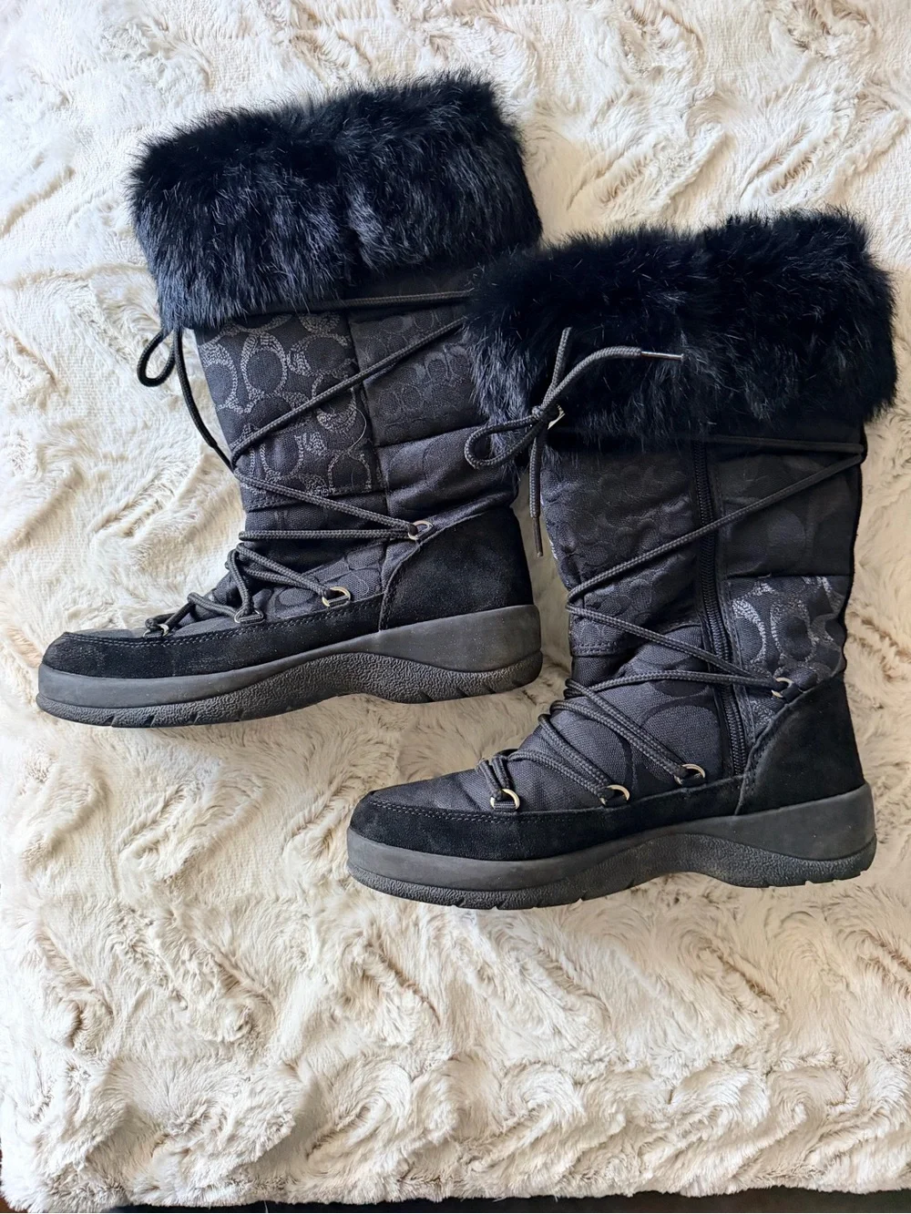 Coach Black Quilted Logo Faux-Fur Winter Boot